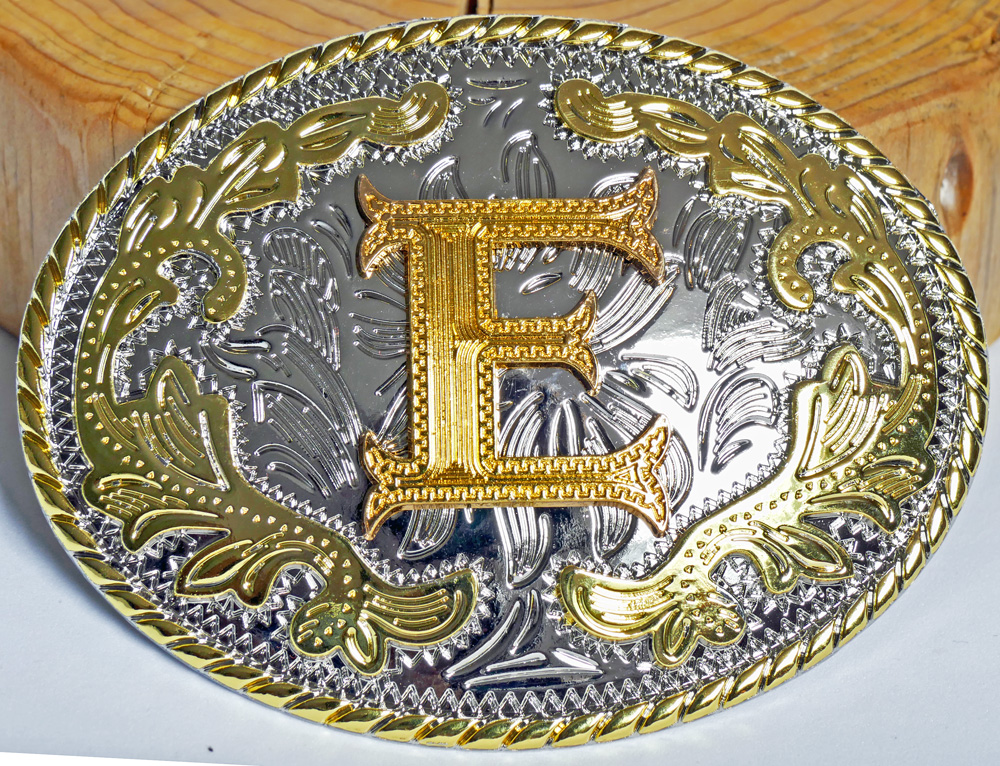 Buckle mit Initiale "E" Gold Floral oval, Western Gürtelschnalle