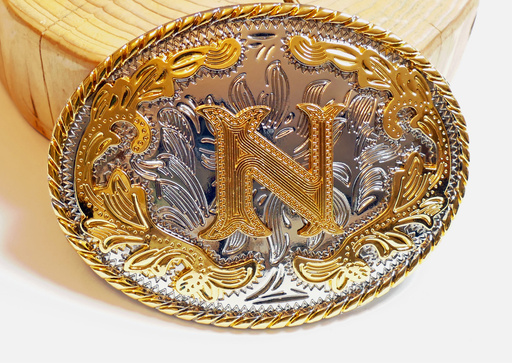Buckle mit Initiale "N" Gold Floral oval, Western Gürtelschnalle