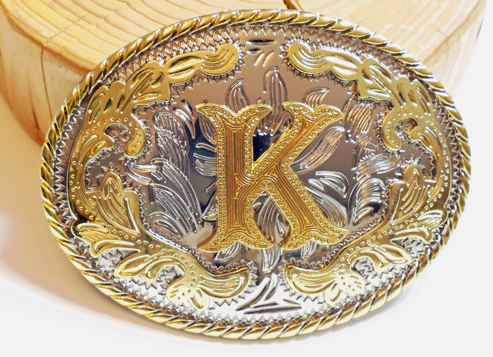 Buckle mit Initiale "K" Gold Floral oval, Western Gürtelschnalle