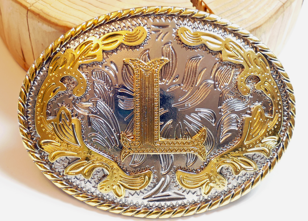 Buckle mit Initiale "L" Gold Floral oval, Western Gürtelschnalle