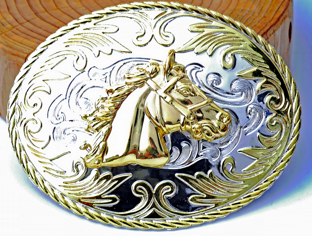 Buckle Pferdekopf gold glänzend oval, Western Gürtelschnalle 