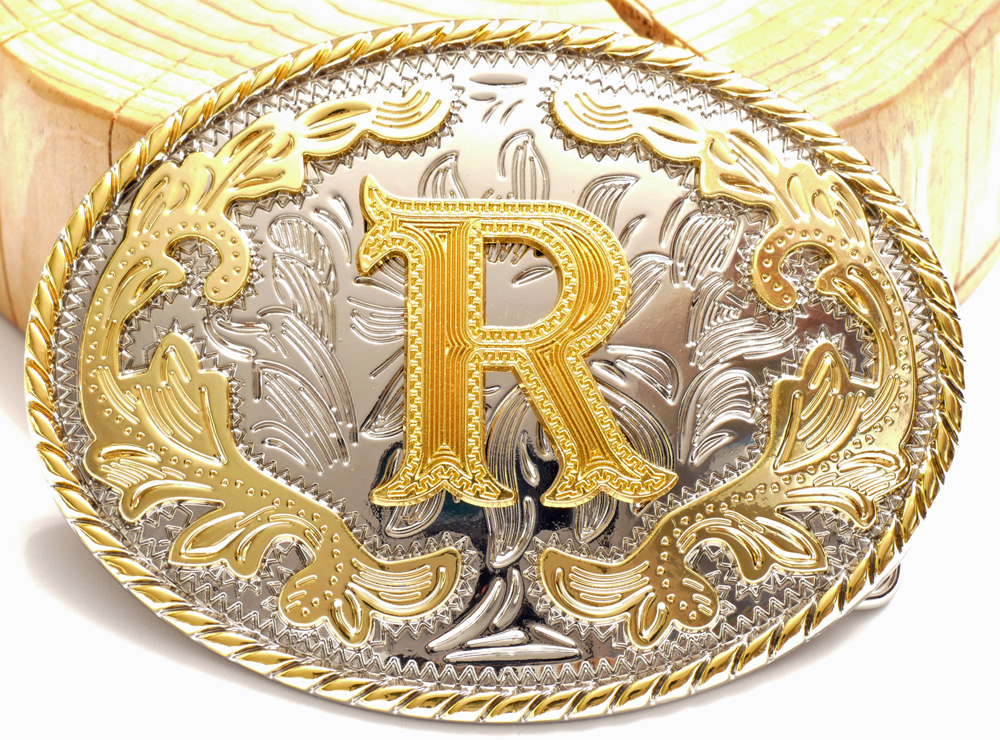Buckle mit Initiale "R" Gold Floral oval, Western Gürtelschnalle