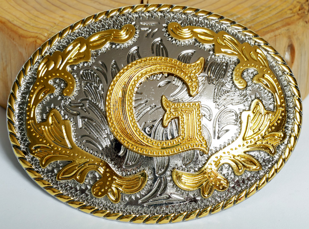Buckle mit Initiale "G" Gold Floral oval, Western Gürtelschnalle
