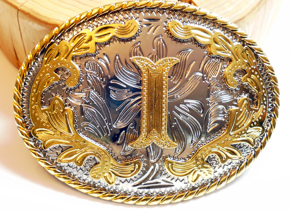 Buckle mit Initiale "I" Gold Floral oval, Western Gürtelschnalle