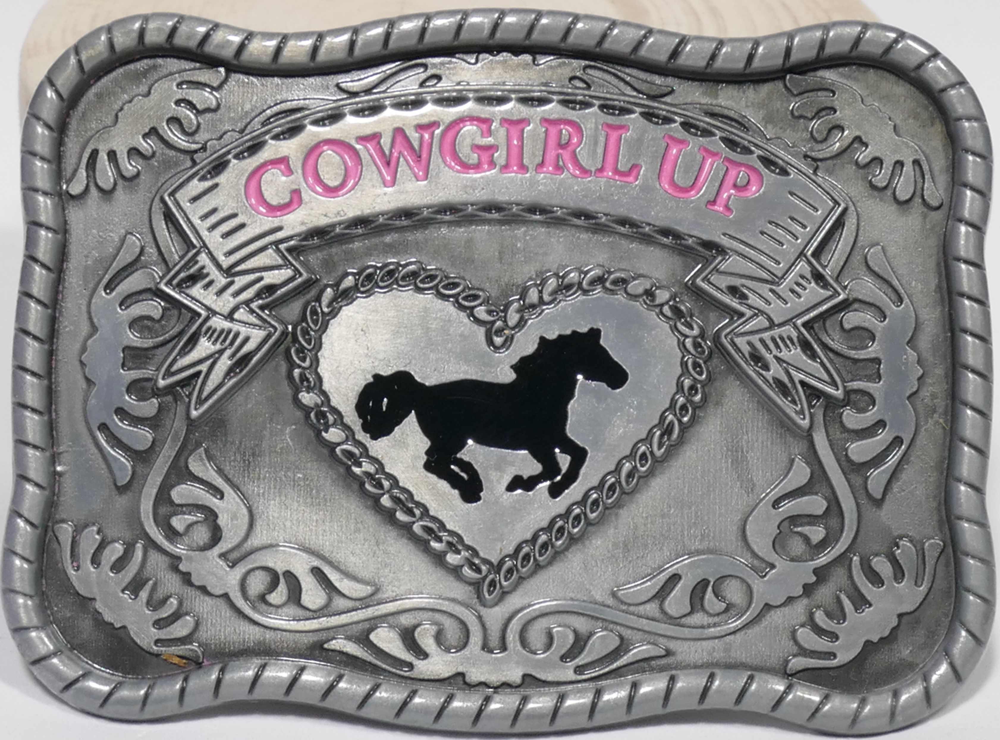 Buckle Cowgirl Up Pferd pink eckig , Western Gürtelschnalle