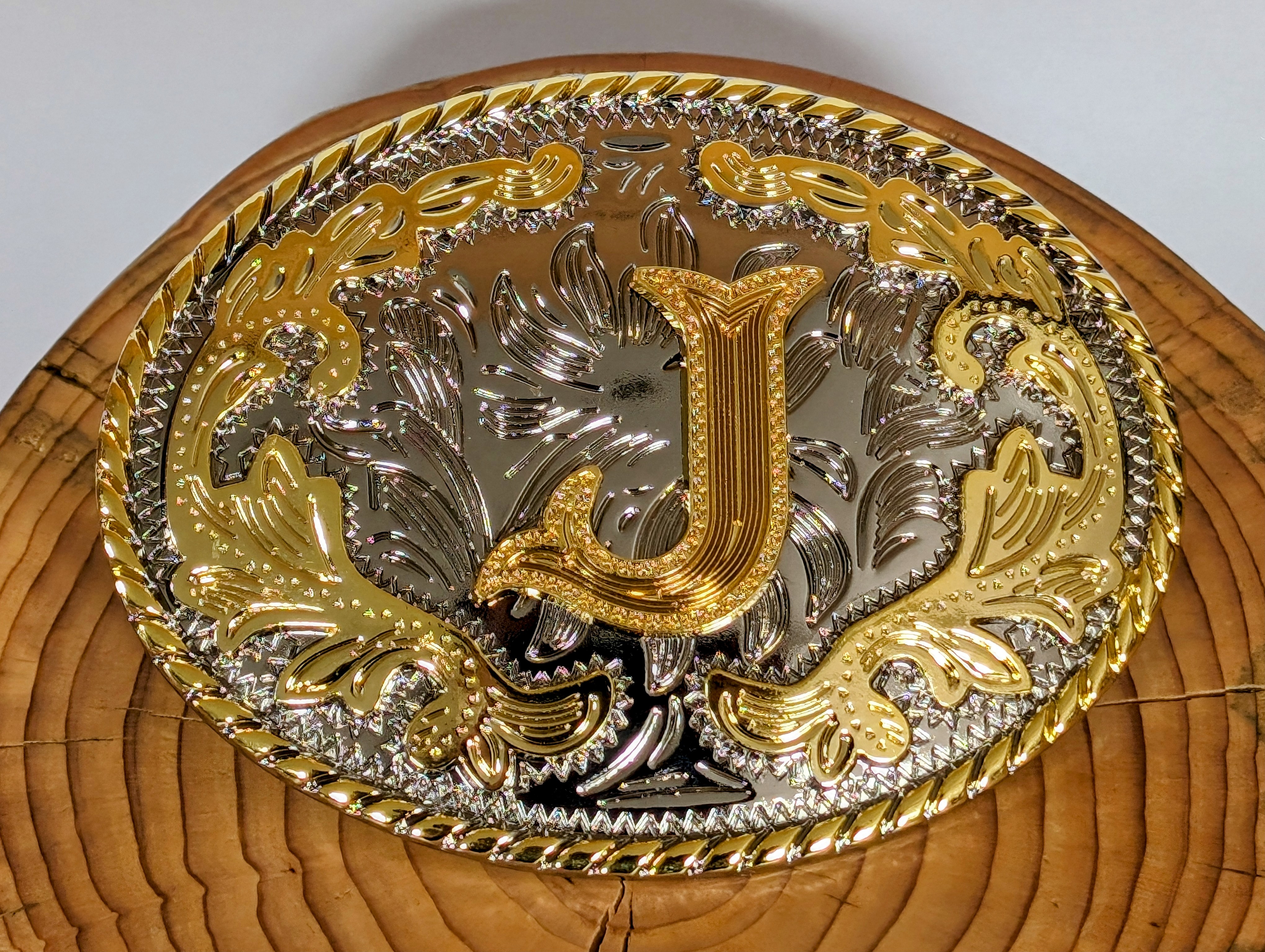 Buckle mit Initiale Gold Floral oval, Western Gürtelschnalle