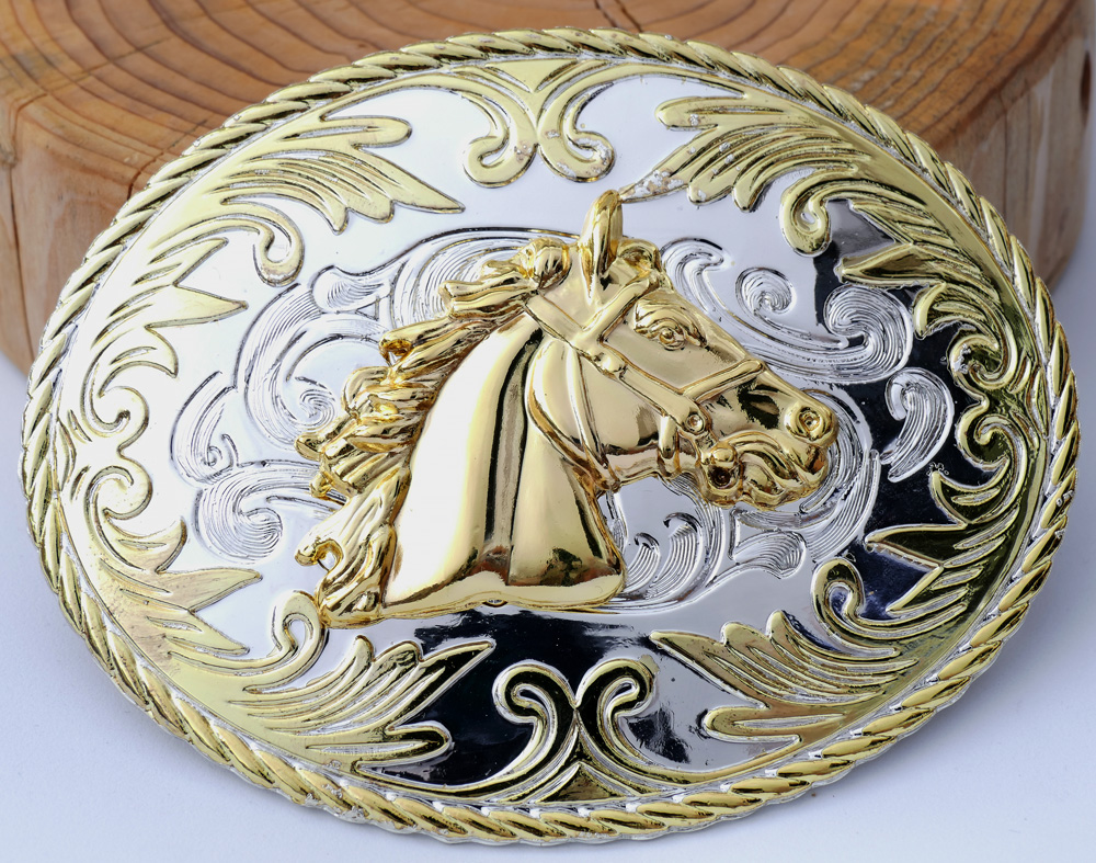 Buckle Pferdekopf gold glänzend oval, Western Gürtelschnalle 2.te Wahl