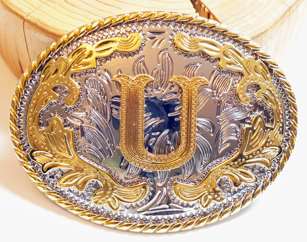 Buckle mit Initiale "U" Gold Floral oval, Western Gürtelschnalle