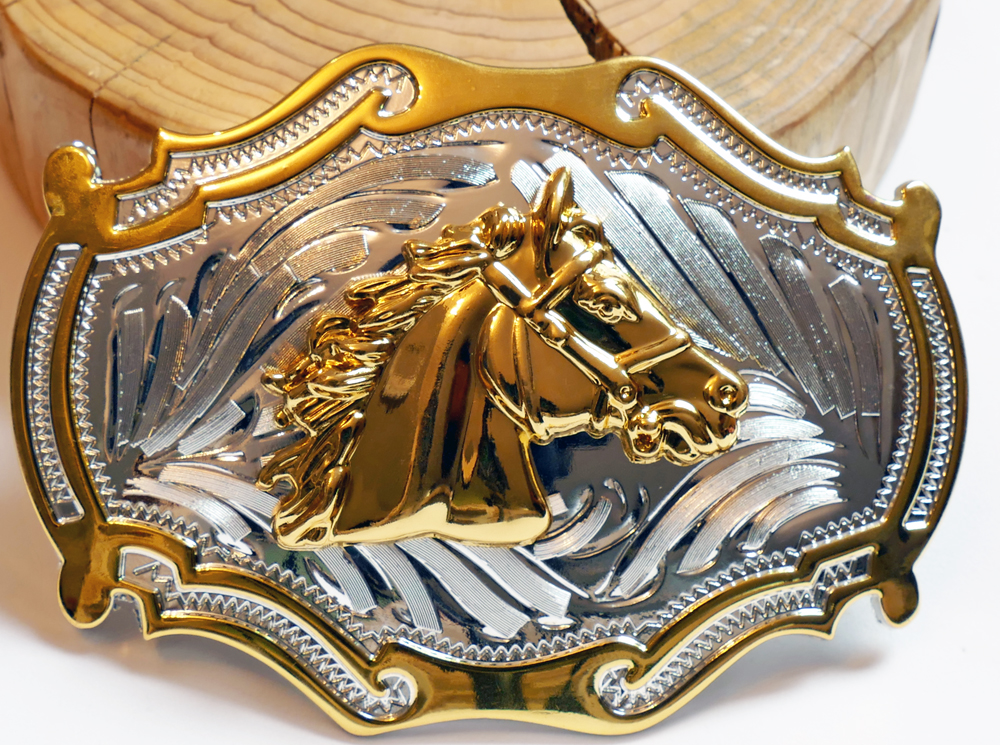 Buckle Pferdekopf gold glänzend eckig, Western Gürtelschnalle