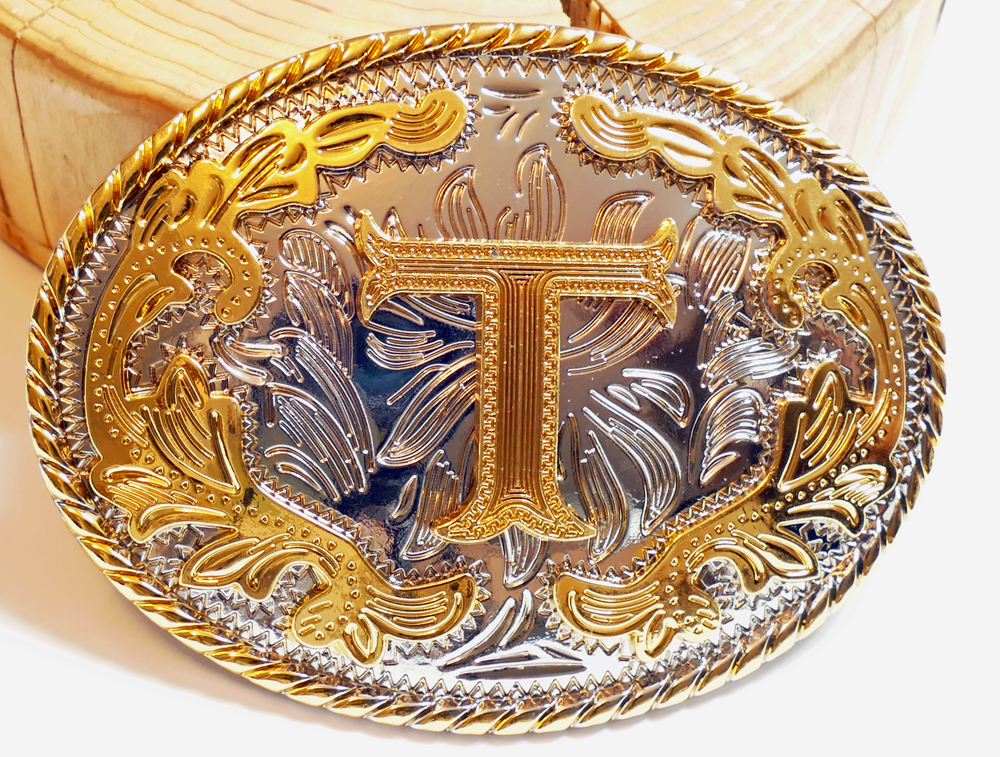 Buckle mit Initiale "T" Gold Floral oval, Western Gürtelschnalle