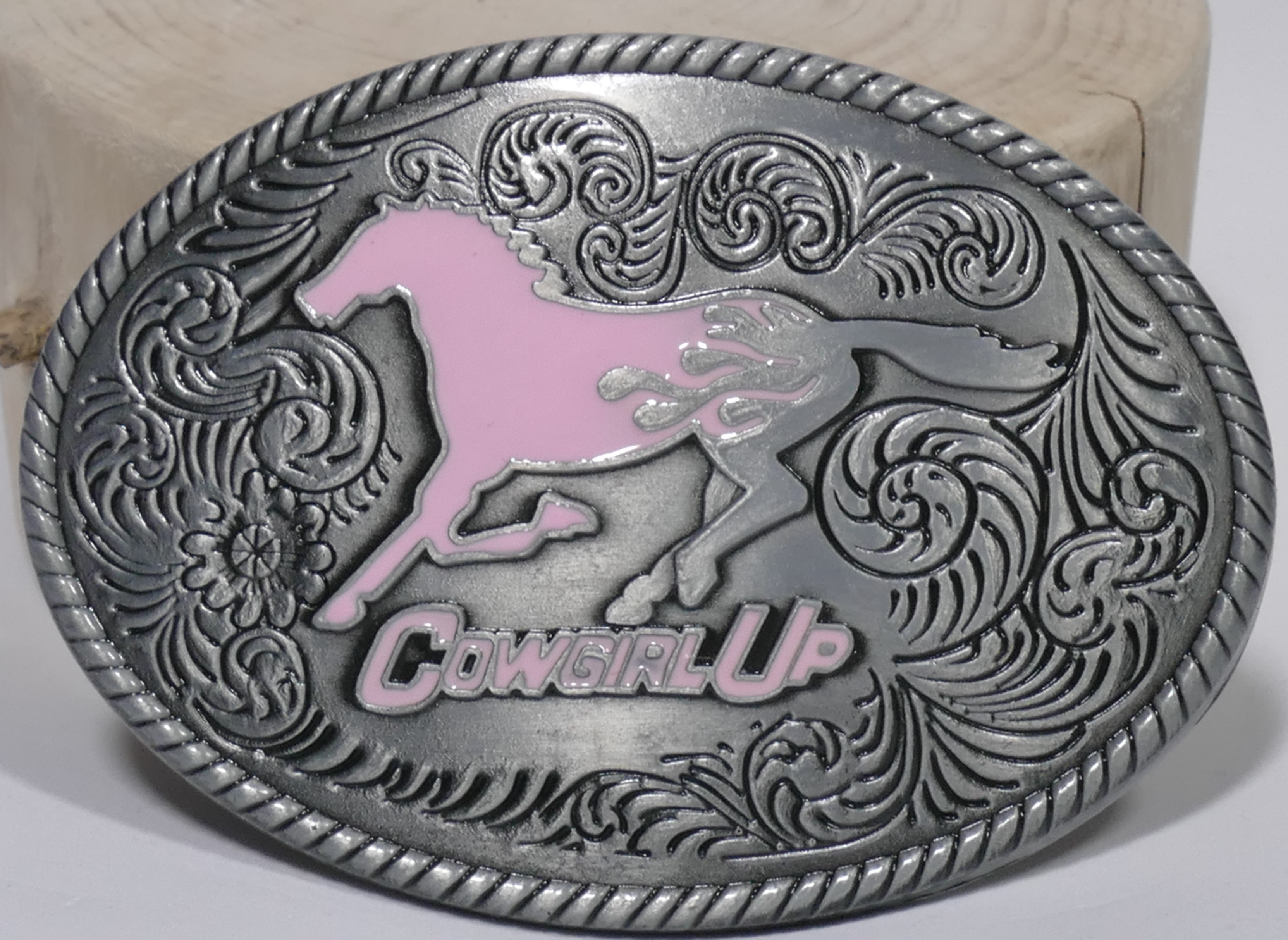 Buckle Cowgirl Up galoppierendes Pferd pink eckig , Western Gürtelschnalle
