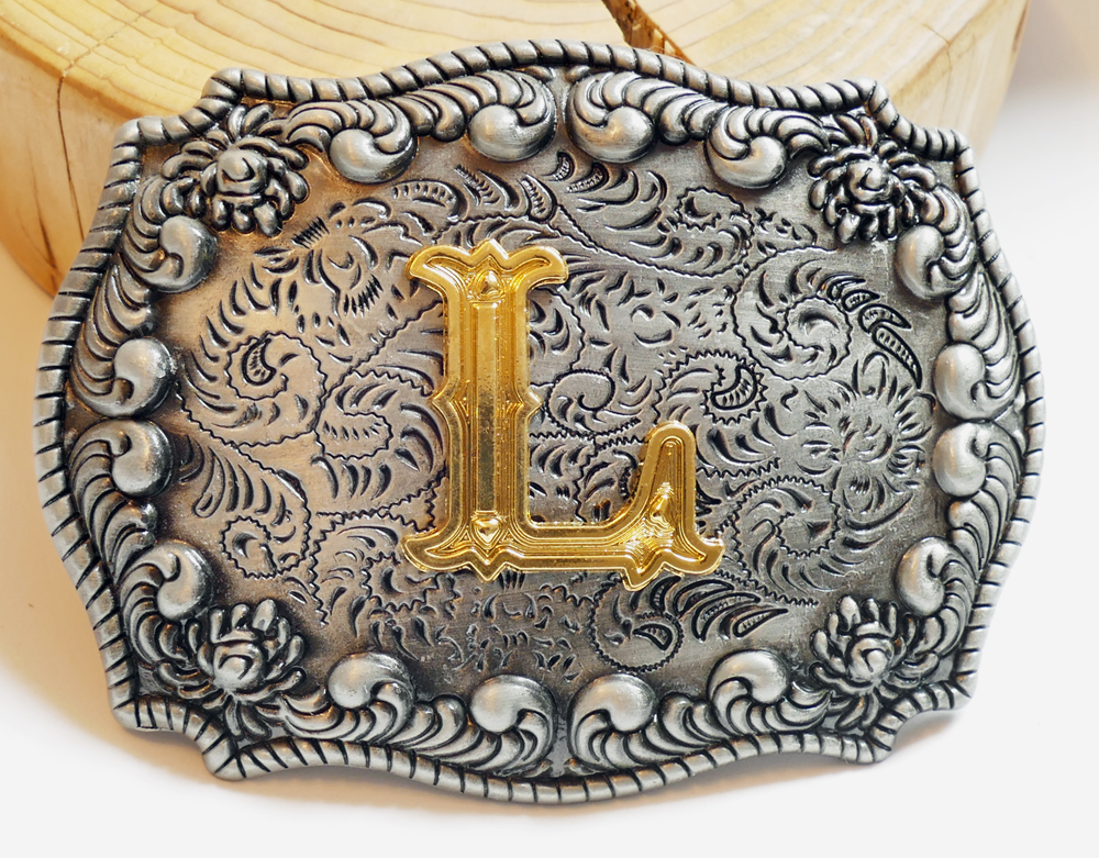 Buckle Initiale L Gold Floral eckig, Western Gürtelschnalle