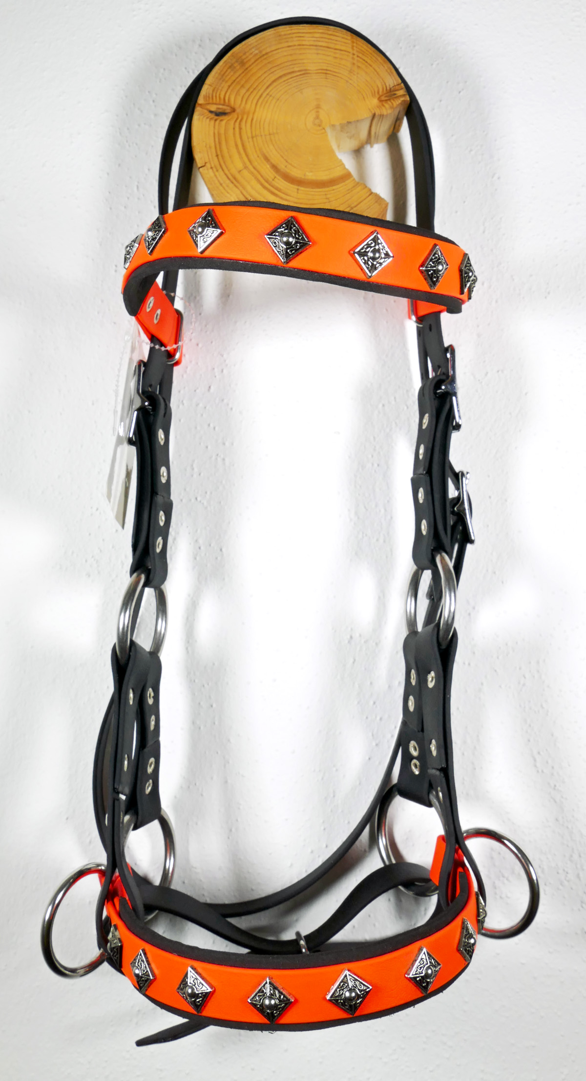 Sidepull aus Biothane Gr.Pony Schwarz Orange mit Ornamenten