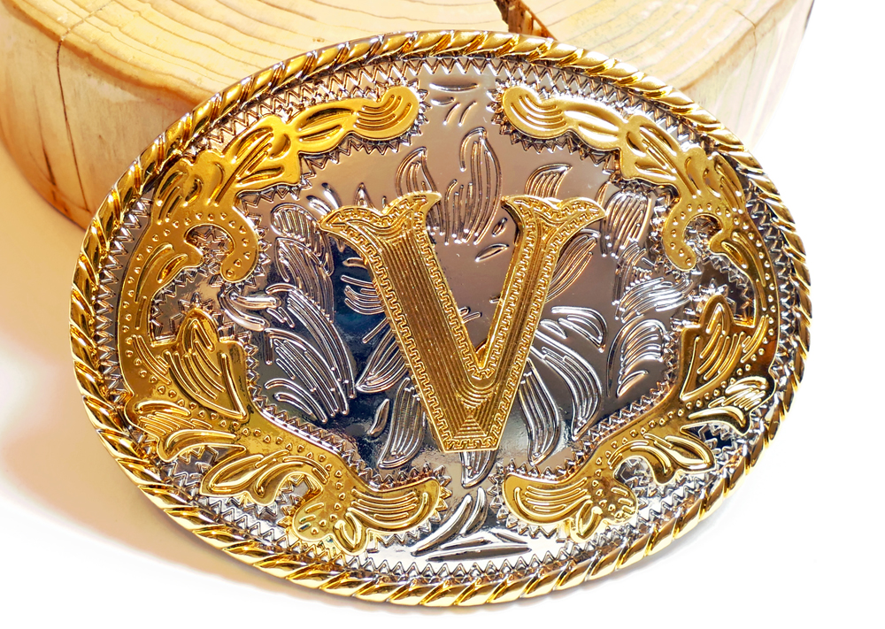 Buckle mit Initiale "V" Gold Floral oval, Western Gürtelschnalle