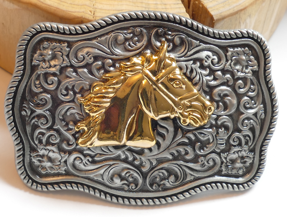 Buckle Floral Pferdekopf gold eckig klein, Western Gürtelschnalle